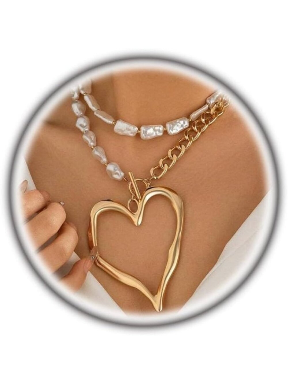 Women's Pearl Golden Chunky Gold Heart Necklace Puffy Heart Statement Chain